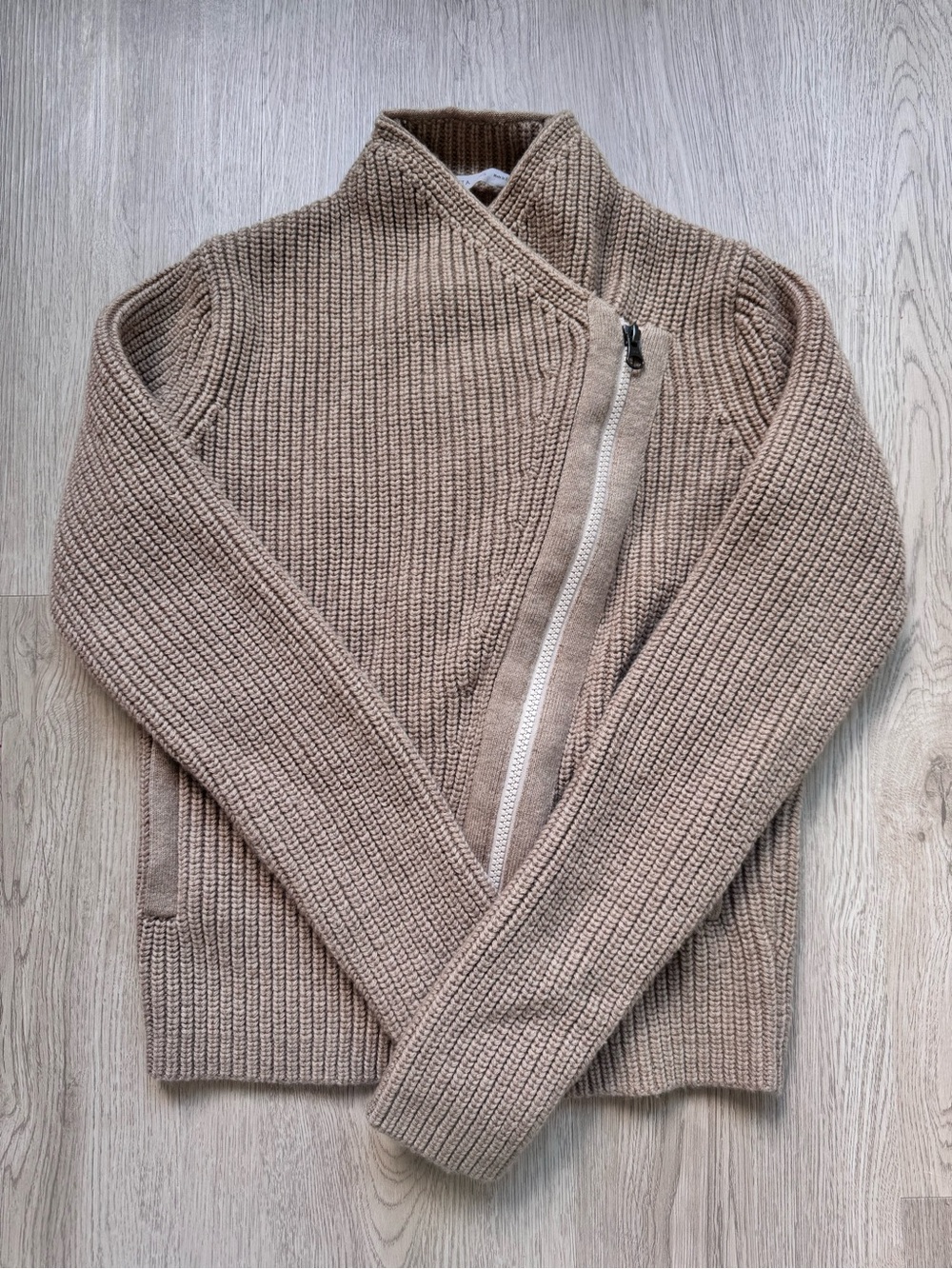 Athleta Taupe Asymmetrical Zip Knit Cardigan